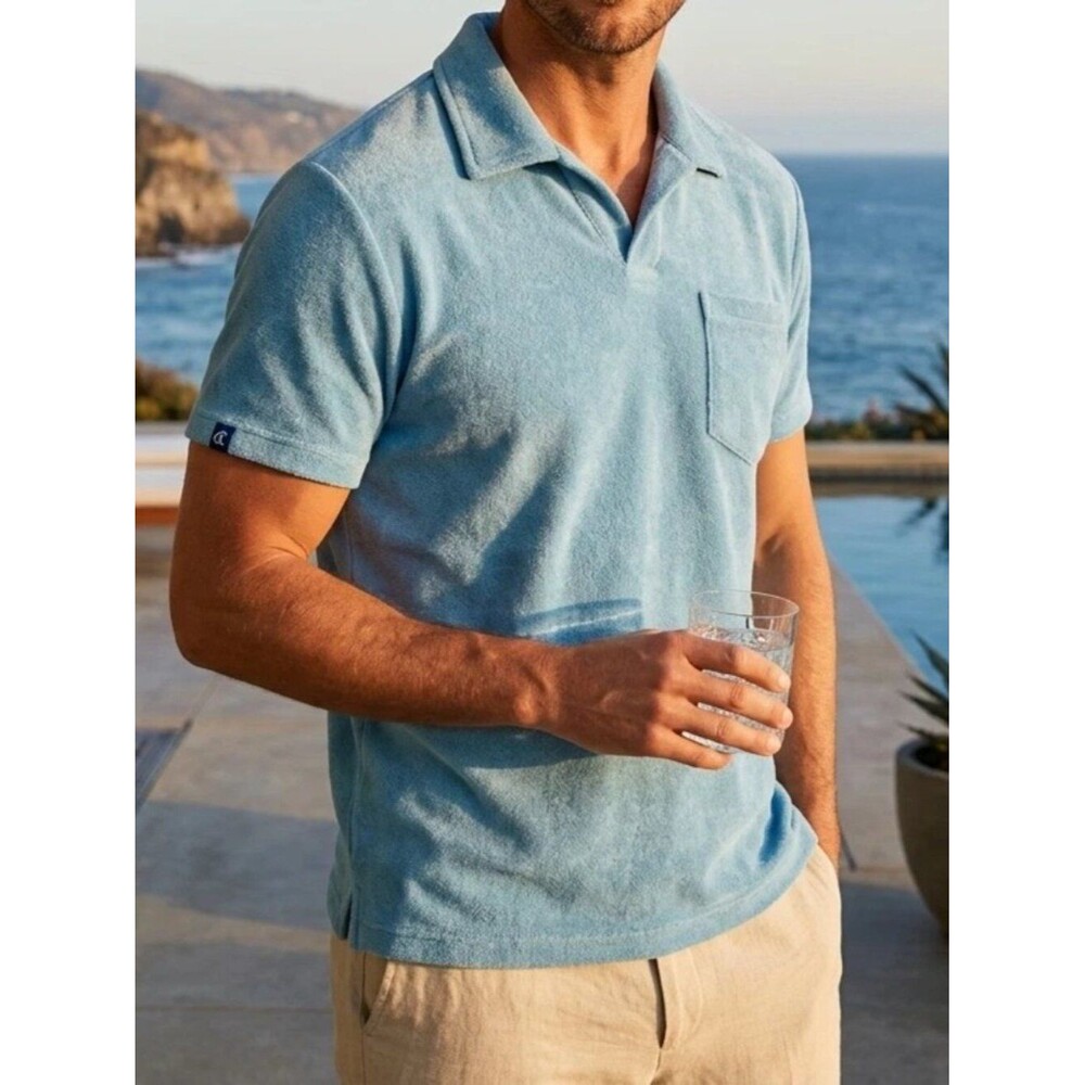 Criquet Terrycloth Polo Men's T-Shirt Short Sleeves Collared Solid Blue S 290361